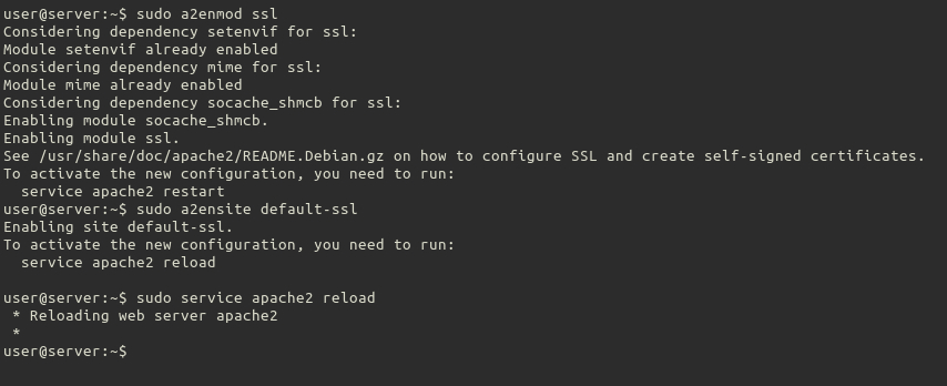 Output when enabling and installing self-signed SSL certificate in Apache