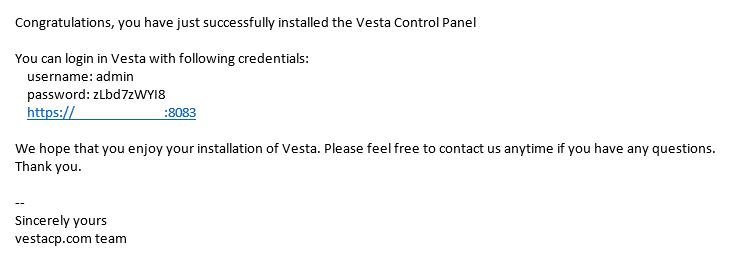 An example of the email sent by Vesta to the email you set up earlier.