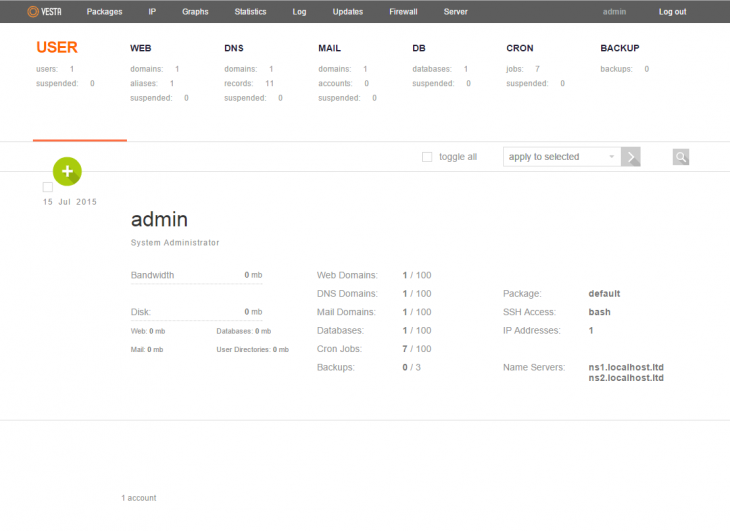 An example of the Vesta control panel after logging in