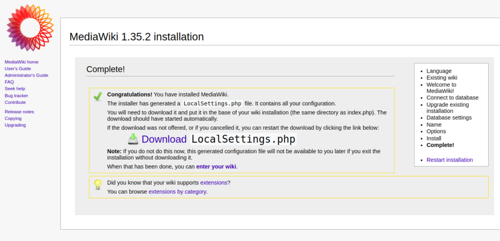 MediaWiki Download LocalSettings Page