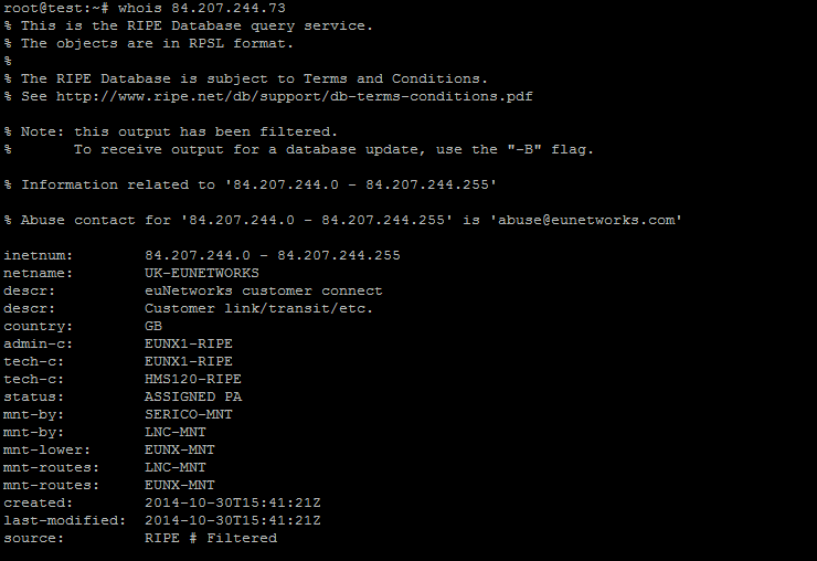 The results of a Whois lookup on the IP address of the Web servers