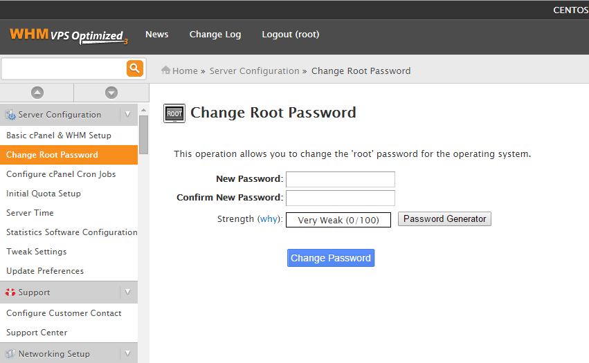 Navigate to WHM's "Change root password" section under "Server Configuration"