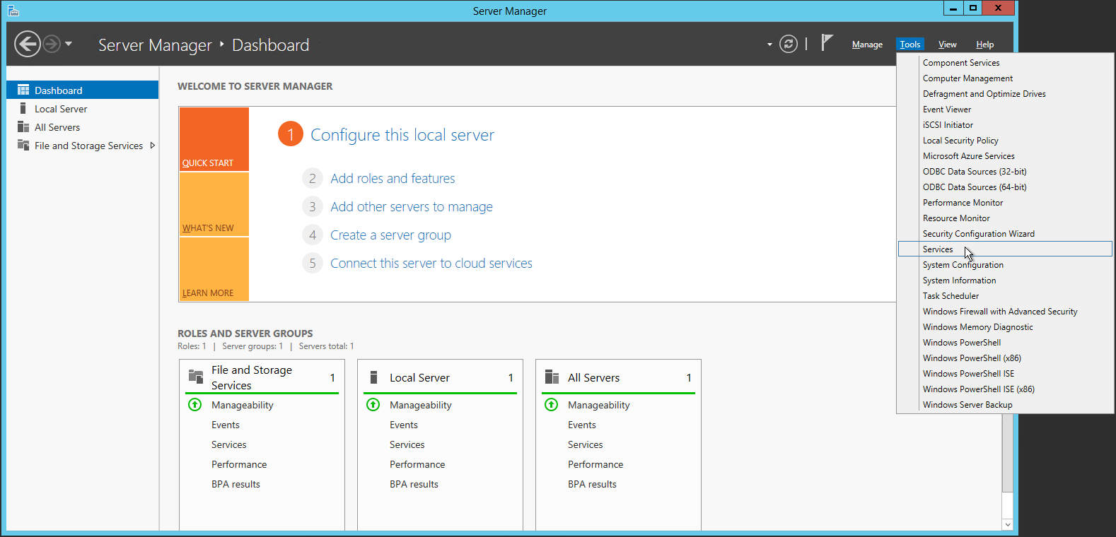 In Server Manager Dashboard tools, select Services