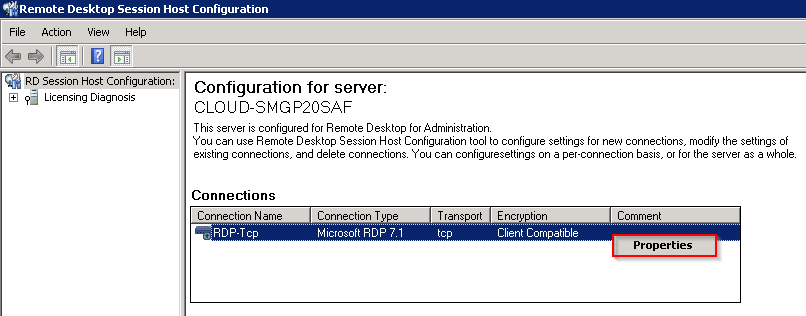 Click on tsconfig to run your Terminal Services Configuration. Once here, right-click on RDP-Tcp under Connections and choose Properties