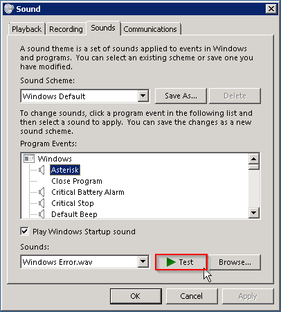 Click on any of the Windows sounds under Program Events and then click the Test button. You should hear the chosen sound.
