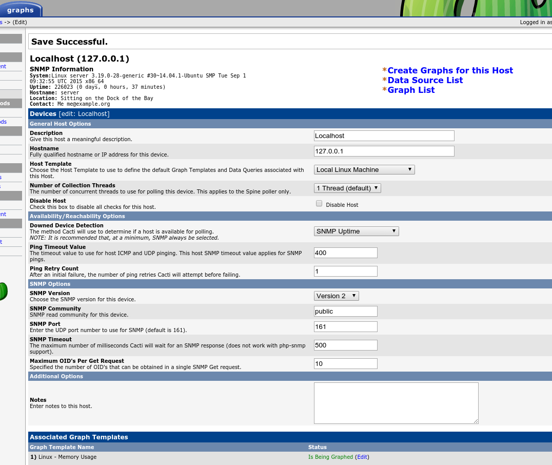 Cacti page after setting up the SNMP parameters for the Localhost