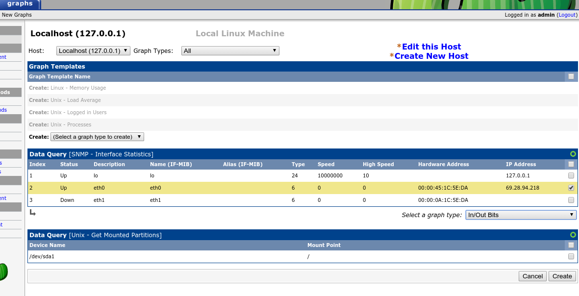 Cacti page showing network interfaces available for monitoring
