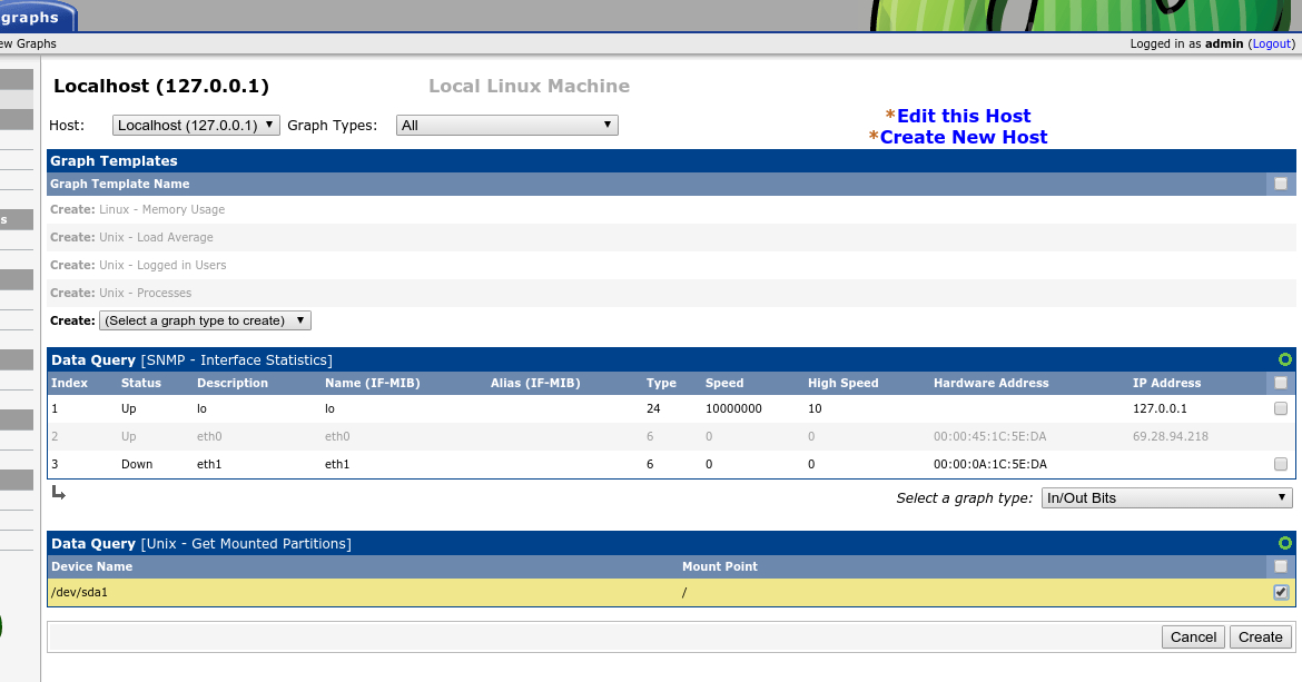Cacti page showing storage partitions available for monitoring