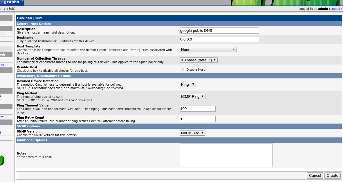 Cacti page showing parameters to ping a remote host