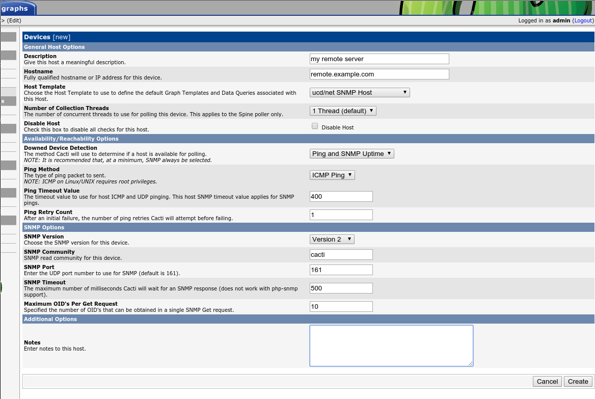 Cacti page showing the parameters to connect to remote server using SNMP