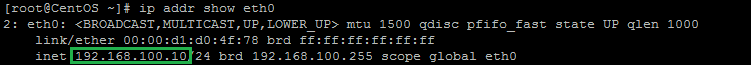 An example of running the command: ip addr show eth0 and getting 192.168.100.10 for the IP address. 