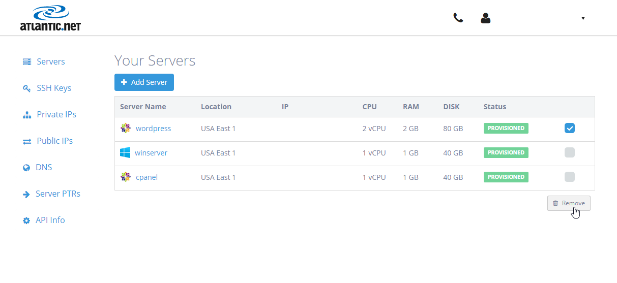 Place a check mark next to the server you'd like to remove and select Remove
