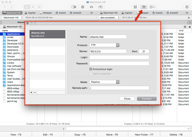 An example of where to click for FTP connections