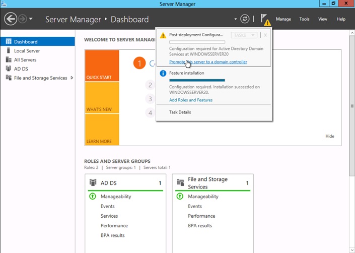 In server manager select Promote server to a domain controller