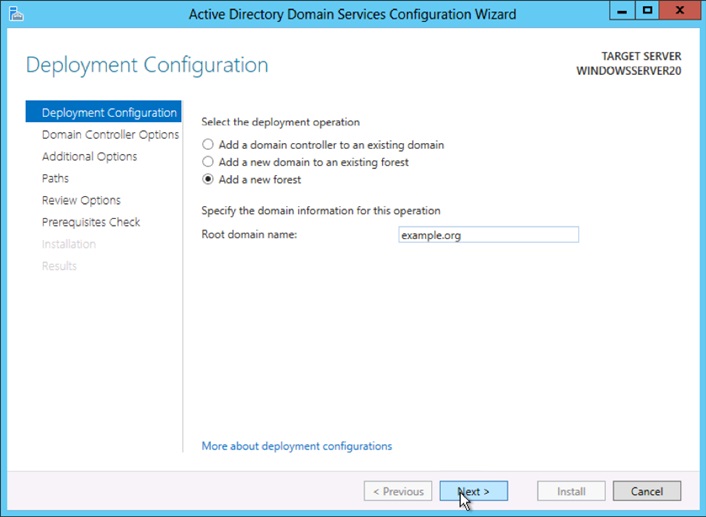 Under Deployment Configuration add a new forest and create your root domain name.
