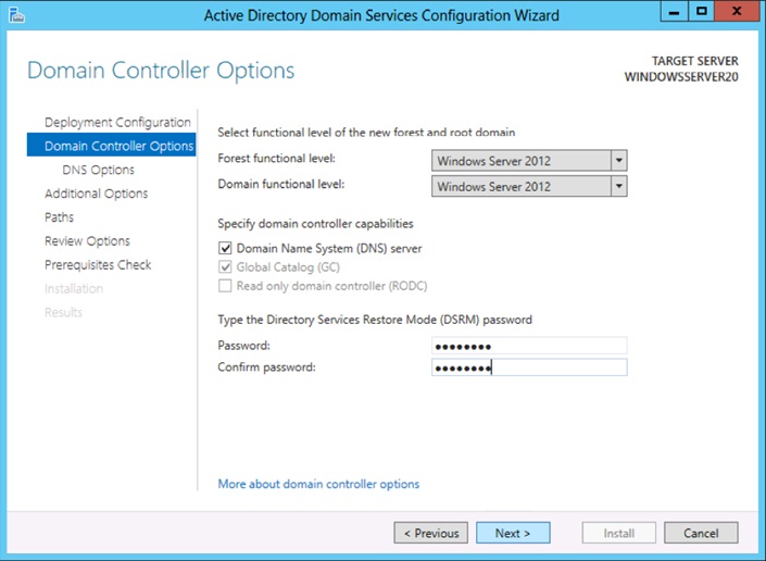 Set you forest and domain level respective of your intrastructure requirements and create a password.