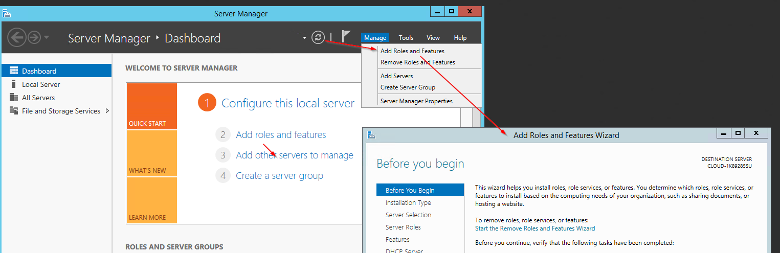 Select Add roles and features from Server Manager
