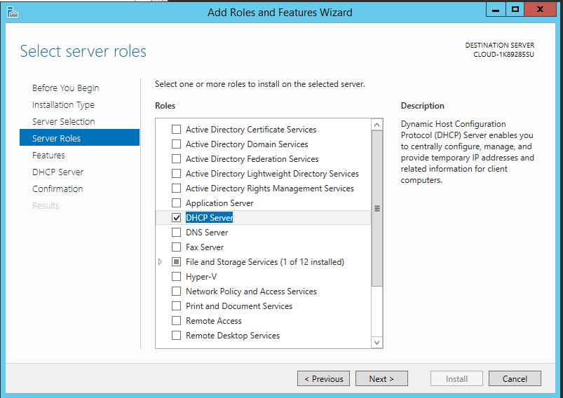 Under Server roles select DHCP Server