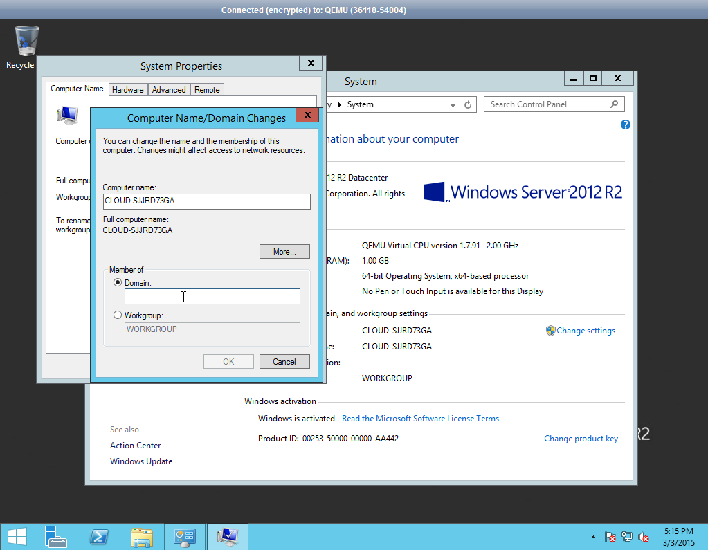 Screenshot of the "Computer name/Domain changes" window in Windows Server 2012