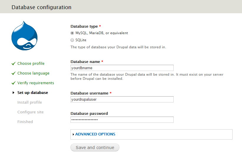 Add the MariaDB database, user and password into their designated fields.