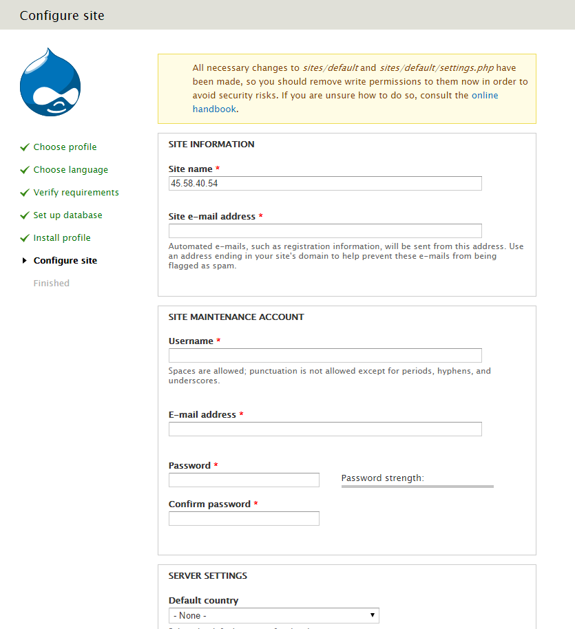 From here just follow along Drupal's install for site information.