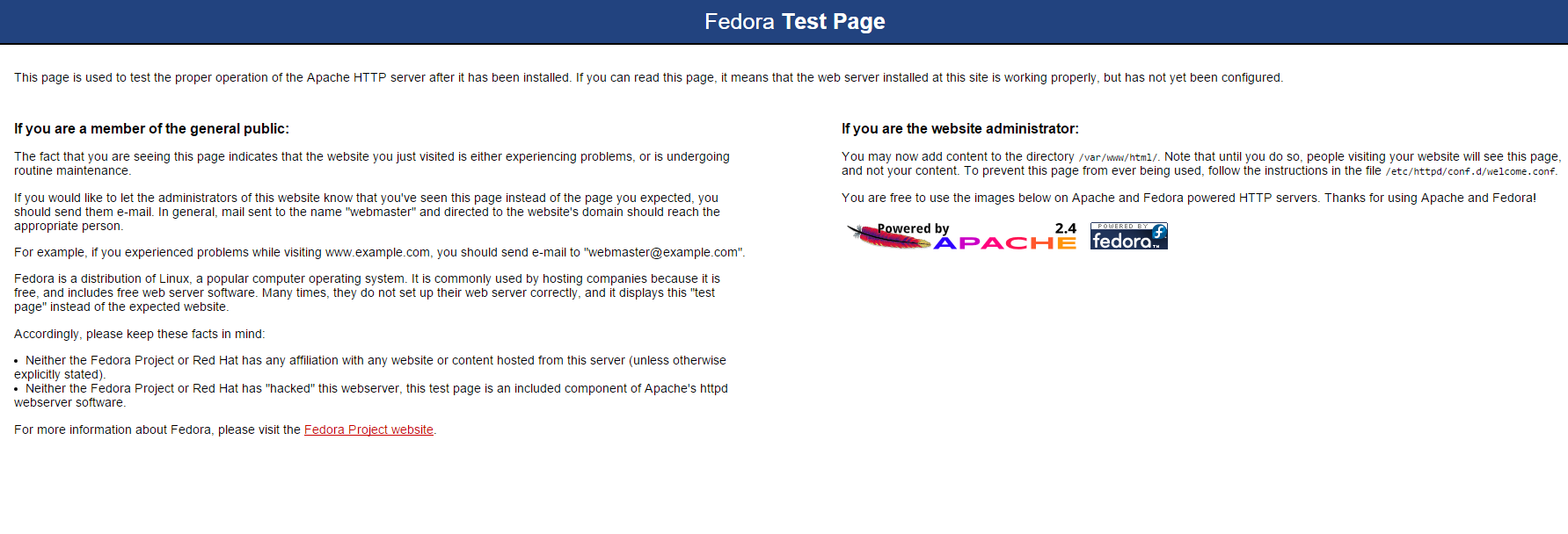 The default Apache page for Fedora 23