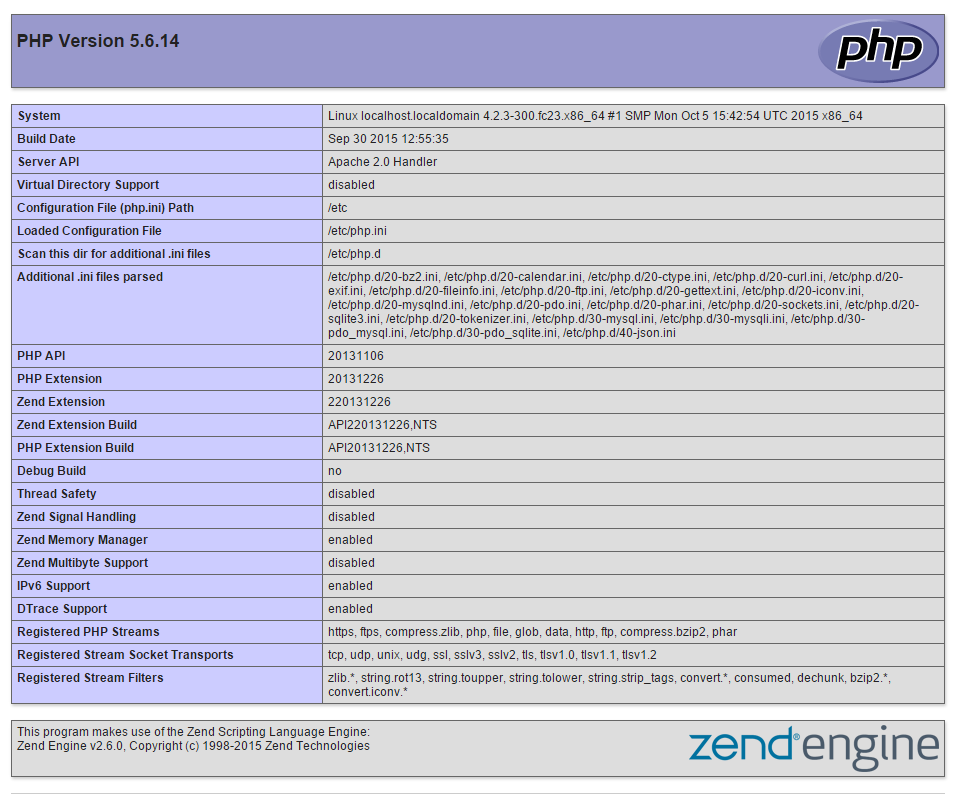 An example of the info.php web page on Fedora 23