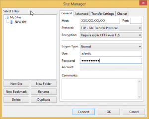 Sample Filezilla: Site manager