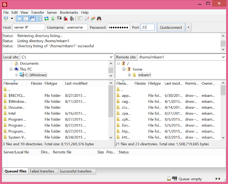 FileZilla Client Connected to Remote Host