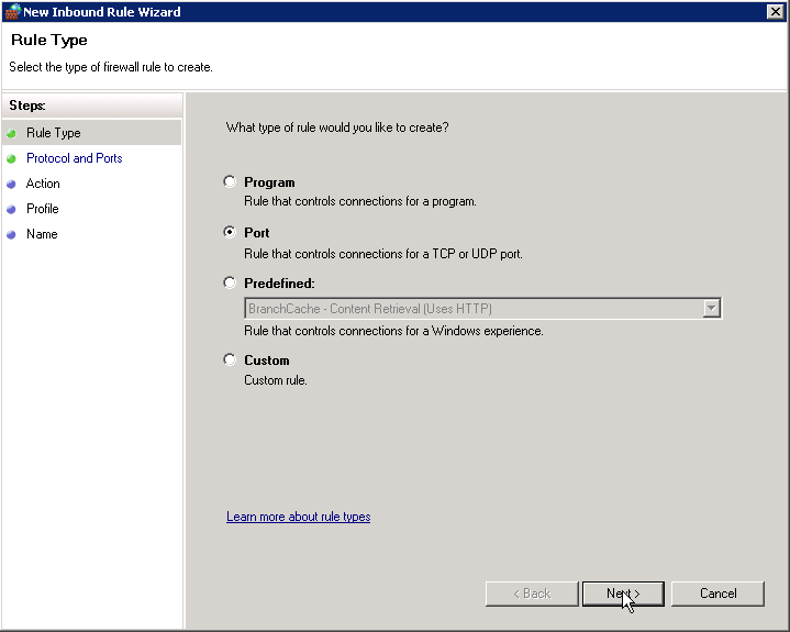 New Inbound Rule Wizard will pop up. You will select Port and click Next.