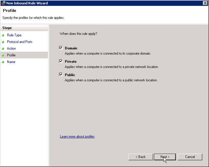 Profile page: Check all the boxes and then click Next.