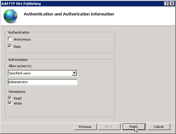 Determine what users you'd like to have FTP access along with permissions and select Finish