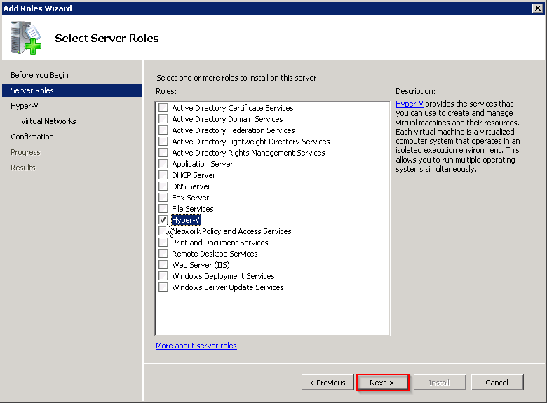 Under Select Server roles select Hyper-V