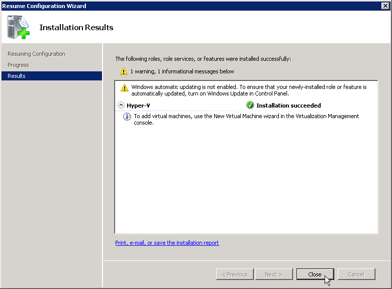 View your installation results and close the window pane once done.
