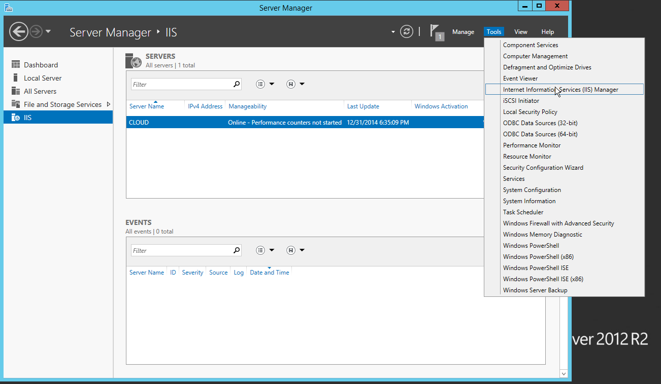 You may access Internet Information Services manager from the Server Manager tools