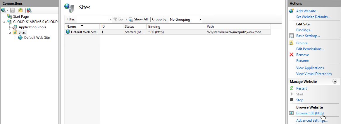 On the right window pane select your site, then from the pane on the left, select Browse *:80(http)