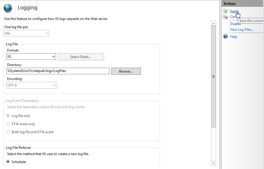 Applying your settings in the Actions Panel