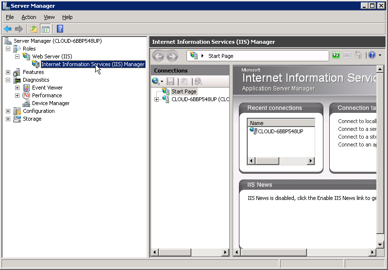 Open server manager and verify IIS Manager has been installed
