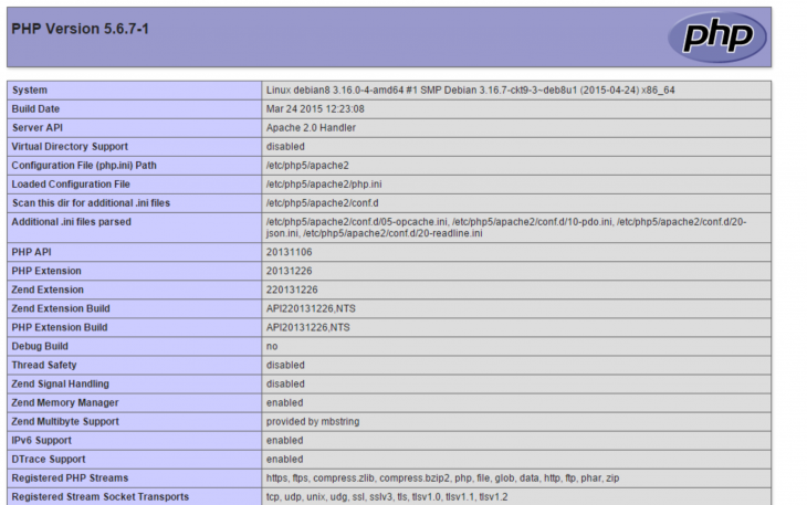 Um exemplo do arquivo php.info que foi criado em Debian 8
