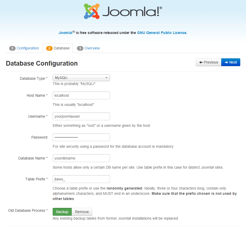 Insert your database information that was set up at the beginning of this guide. Once done click "Next."