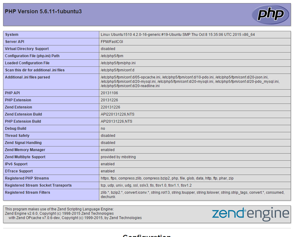 This is an example of the PHP.info page on Ubuntu 15.10