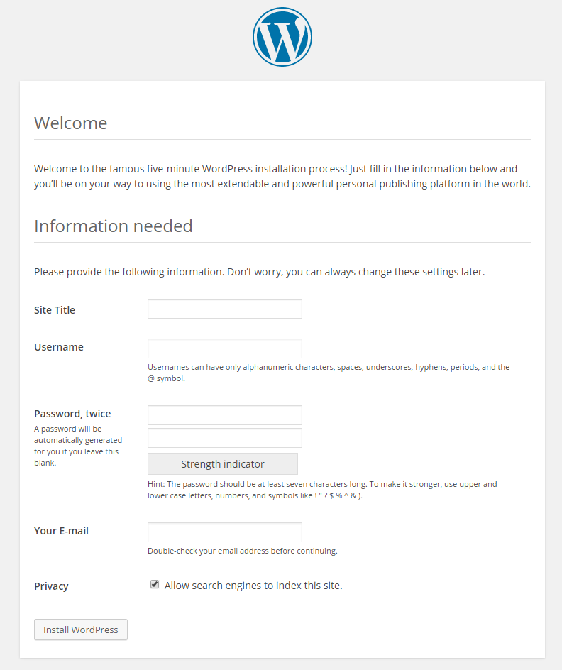 An example of the WordPress web installation