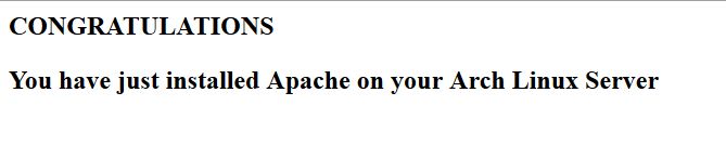 This is the test page created to verify Apache was installed correctly in Arch Linux