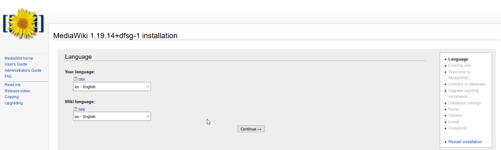 MediaWiki installation: language selection