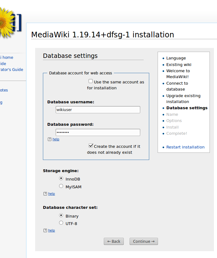 MediaWiki installation: new database settings