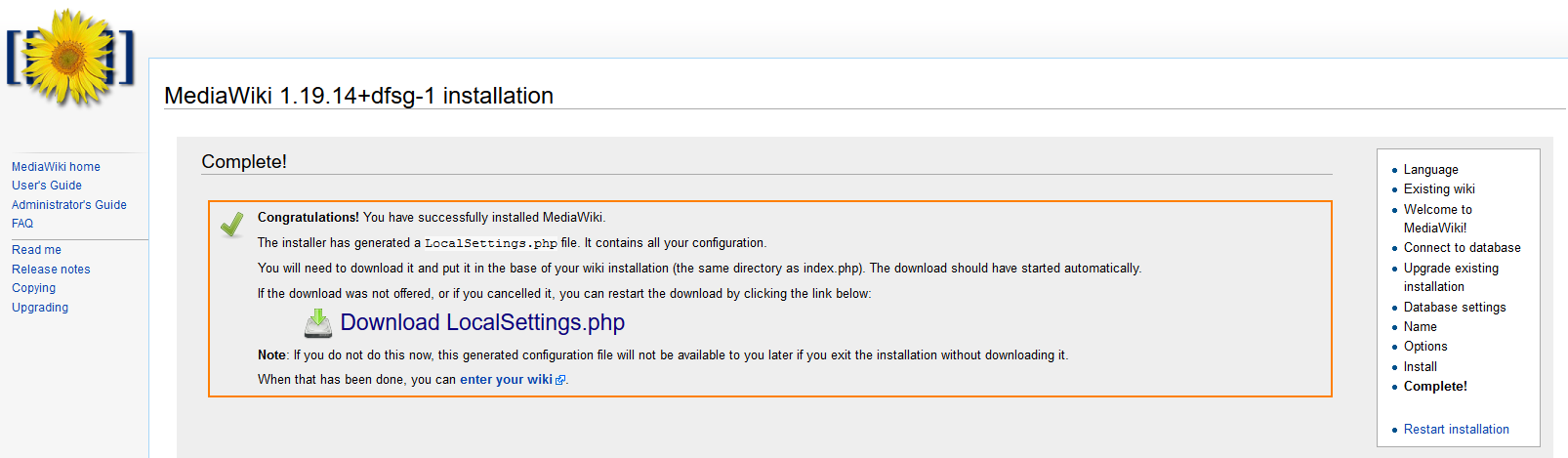MediaWiki installation: LocalSettings.php file download