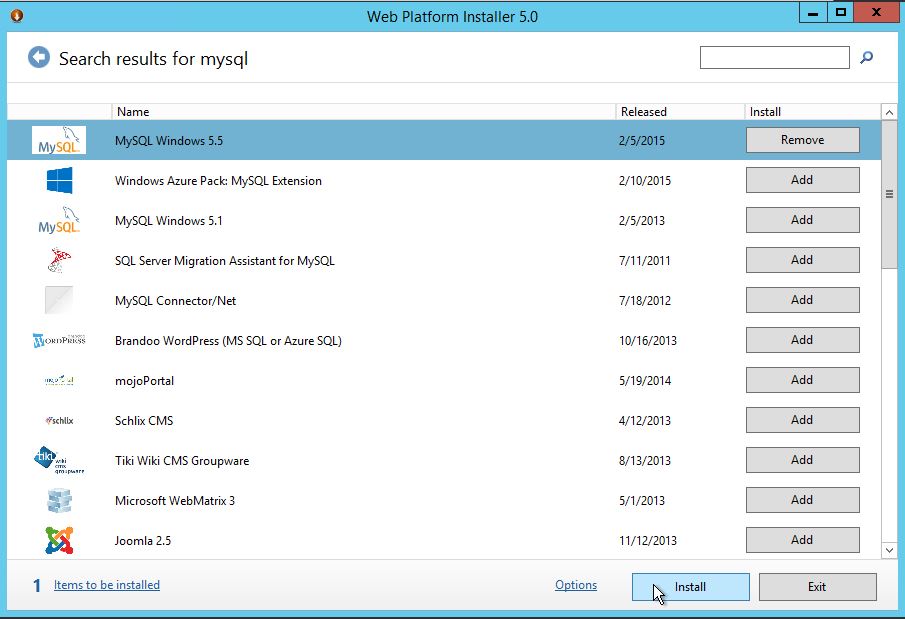 Use Web Platform installer 5.0 to search for and add MySQL