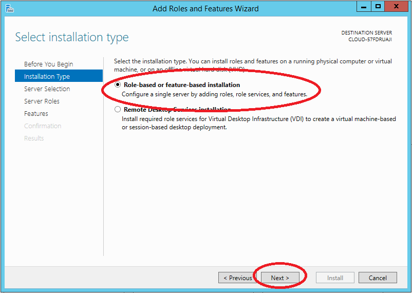Select role-based or feature-based installation