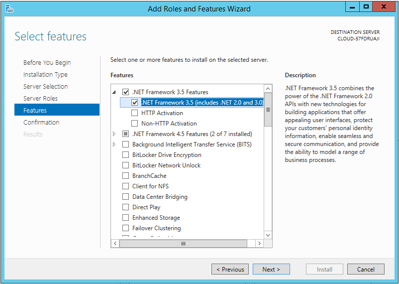 Locate .NET Framework 3.5 Features and add .NET Framework 3.5 