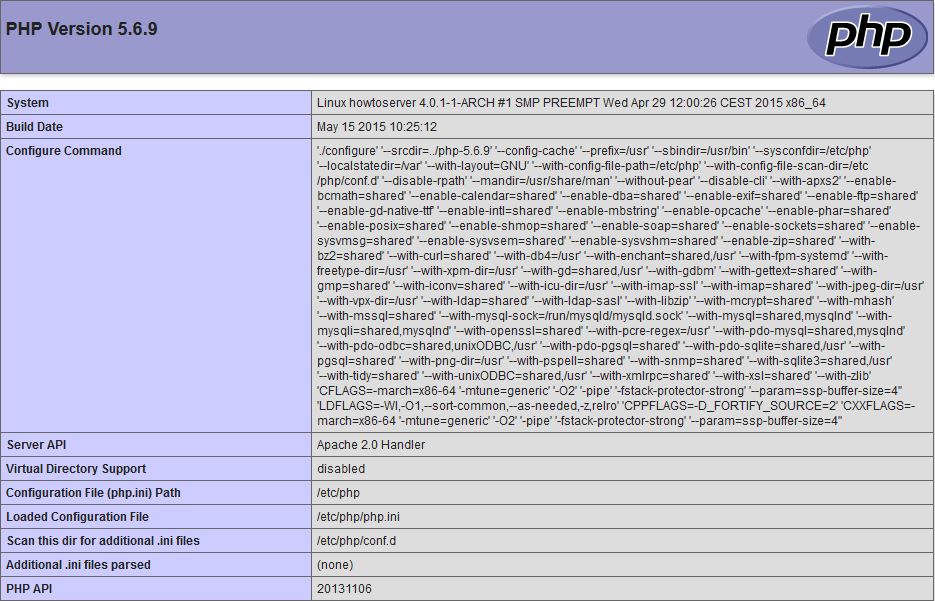 This is the default page after installing PHP on a LEMP Stack Arch Linux server